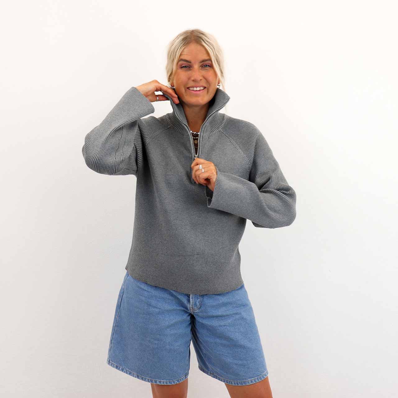 OBJELLY RE L/S ZIP KNIT PULLOVER