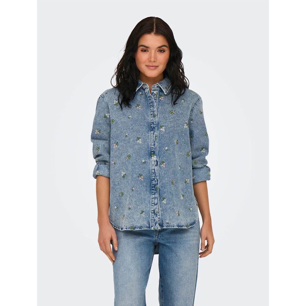 Pieces - Pcflora Ls Denim Emb Shirt - 5068168 Medium Blue Denim White Flower Embroidery