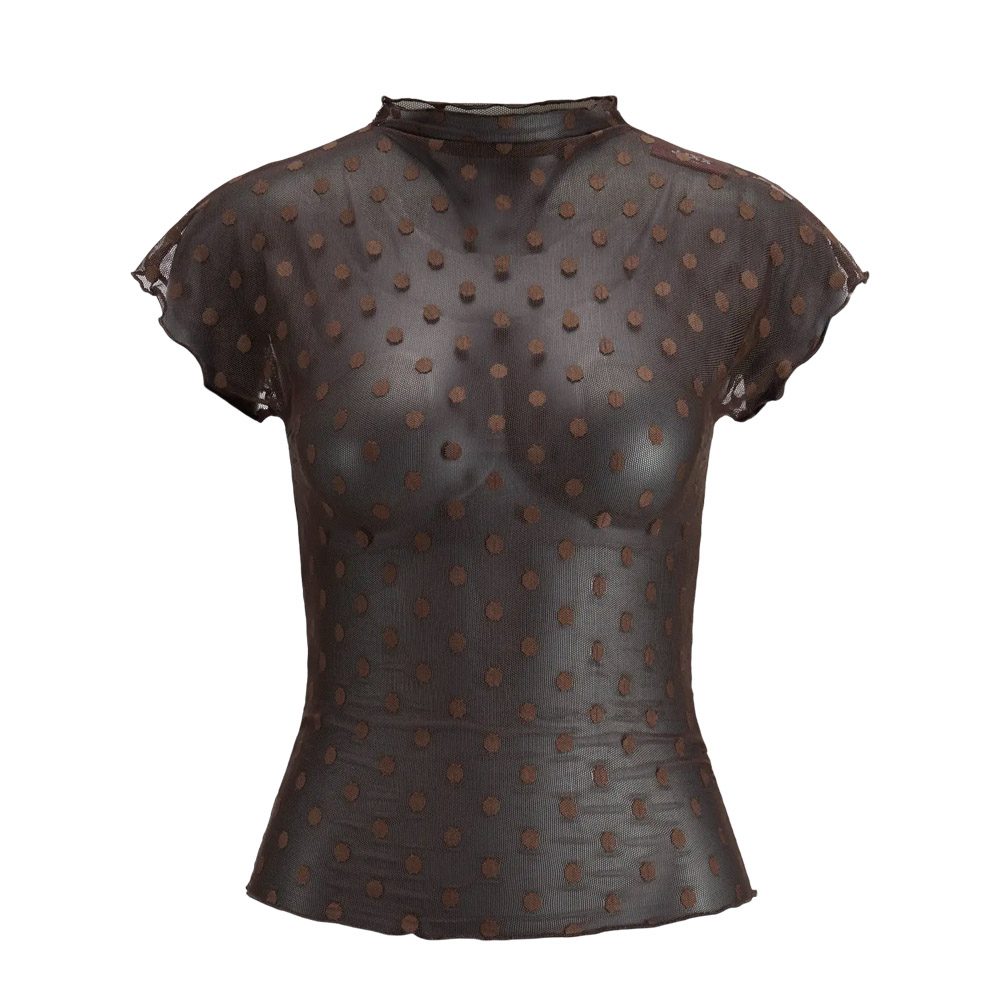 JXMINNA DOT MESH SS HIGH NECK TOP